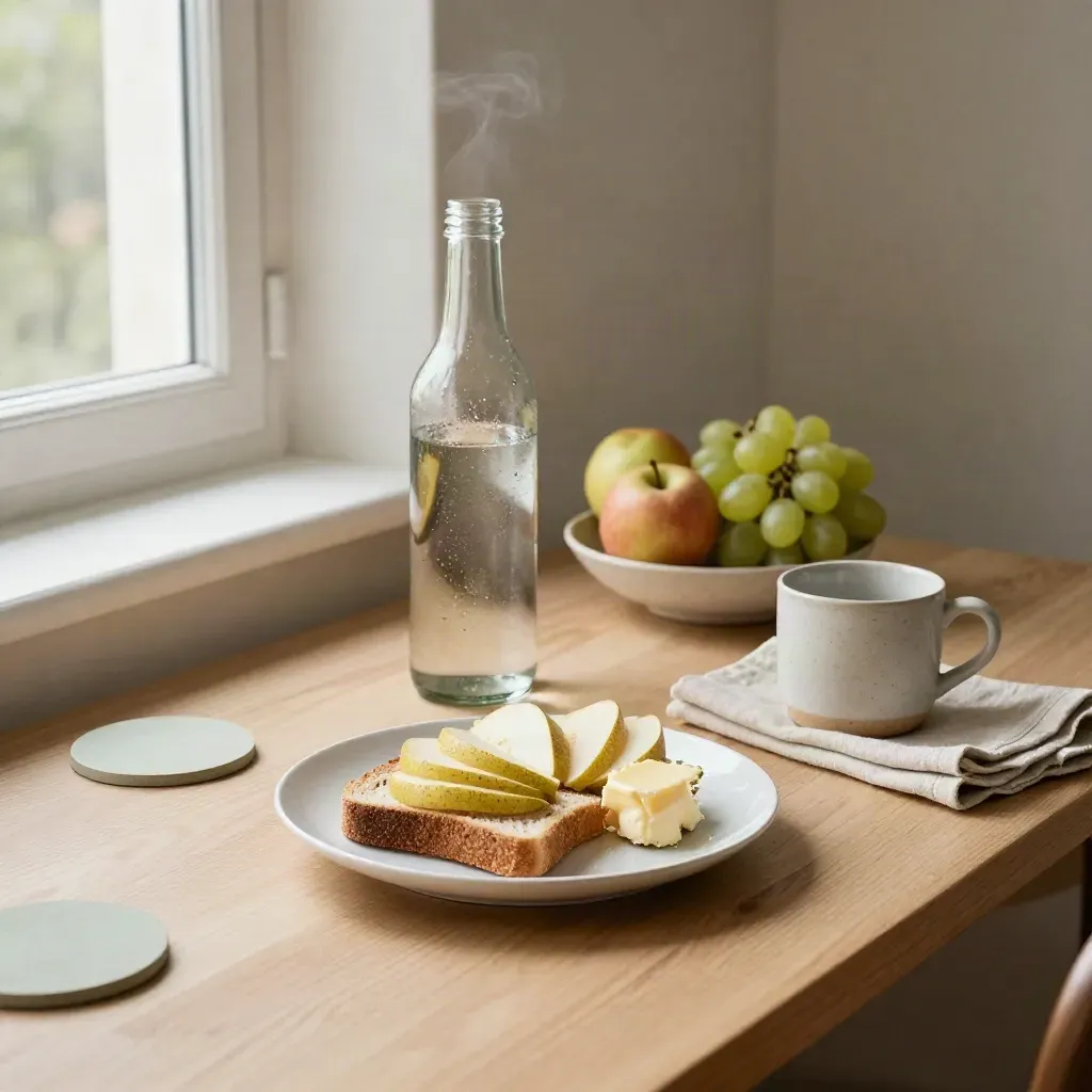 Frukostbricka, vattenflaska och frukt i ett lugnt skrivbordshörn vid fönstret