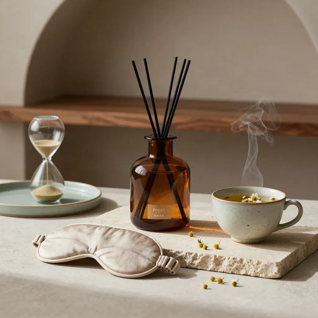 Aromdiffuser, sovmask, kamomillte och sandur på ljus sten i varm stilla miljö.