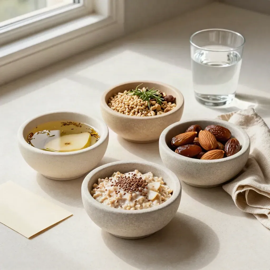 Fyra stenskålar med dagens rutiner, servett och vattenglas på ljus puts.