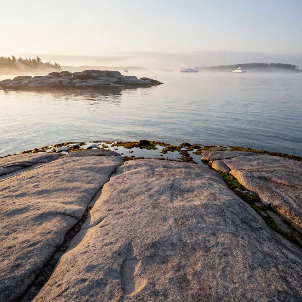 Stockholms skärgård i gryning med granit, stilla vatten och mist