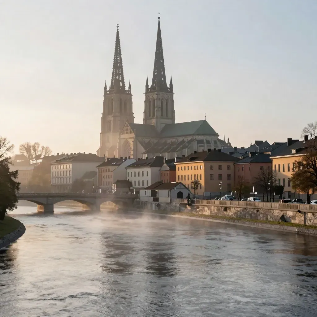 Uppsala domkyrka över Fyrisån i mjuk morgondimma, med lugn vattenyta för text.