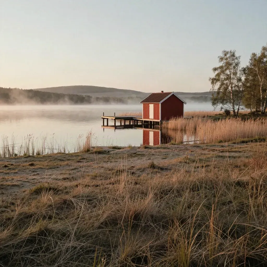 Rött båthus vid stilla sjö i Södermanland, dimma och ljus gryningsmorgon över ängar